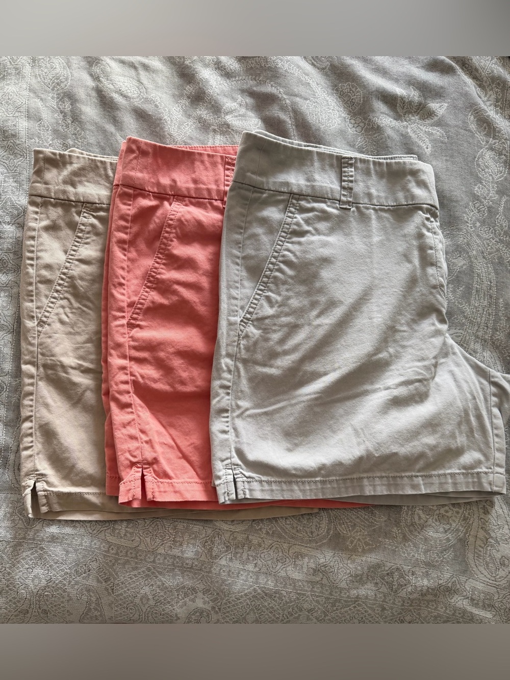 LOFT Women's Three-Pack Bermuda Shorts in Coral, Beige, and Light Gray